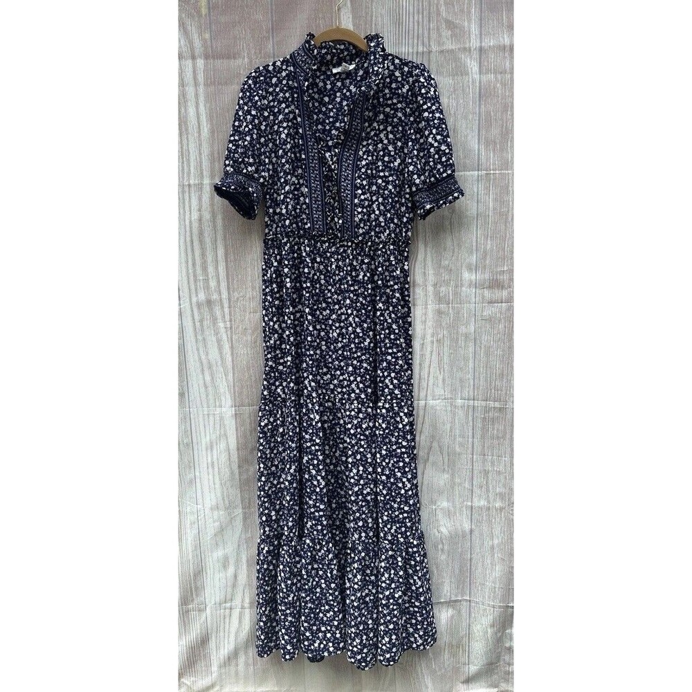 London Style Collection Prairie Maxi Dress Blue Floral Tiered Ruffles Womens 10